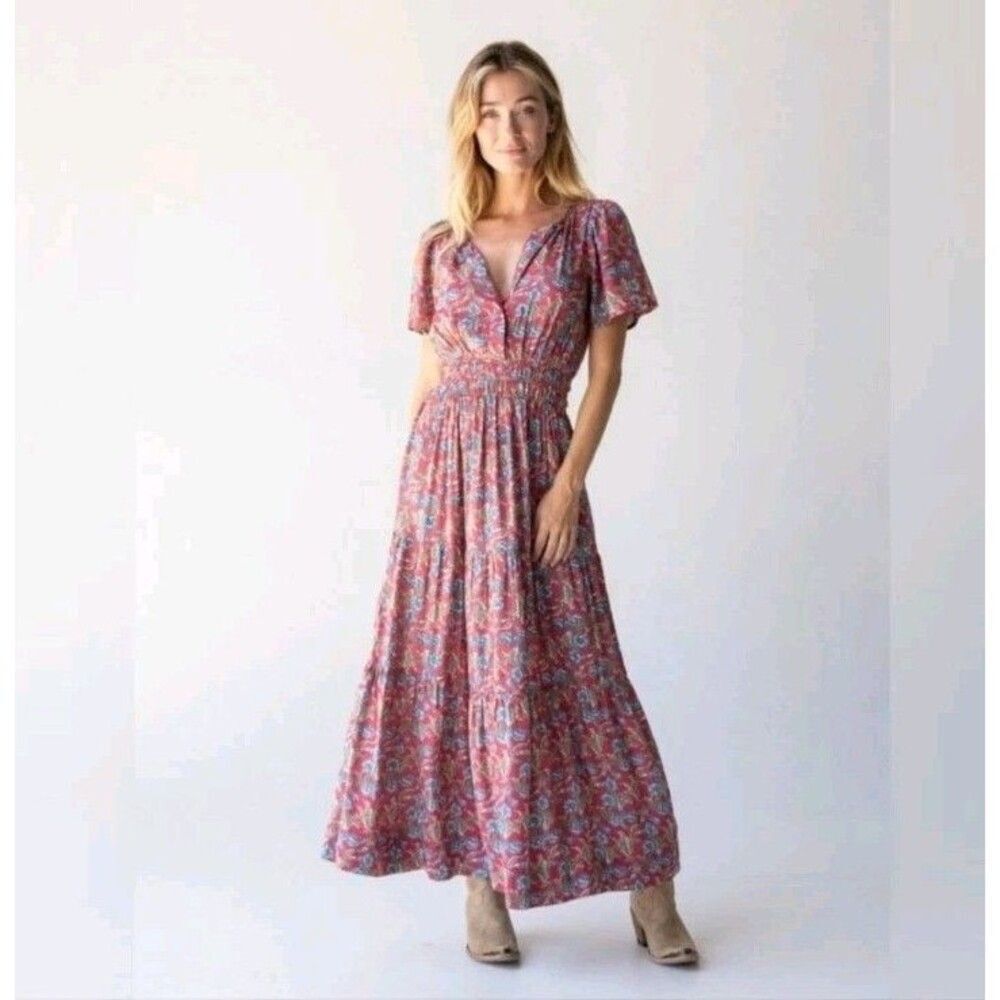 Natural Life Bella Floral Maxi Dress XS Cottagecore Boho Pockets Red Olive Print
